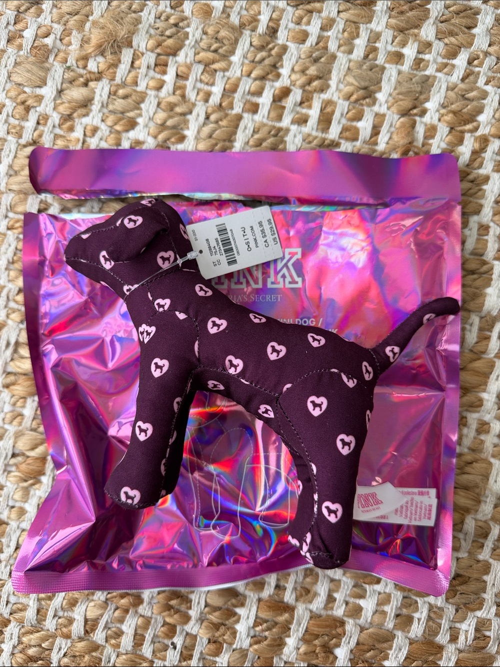PINK Victoria's Secret Plum Dog Plush with Pink Heart Print